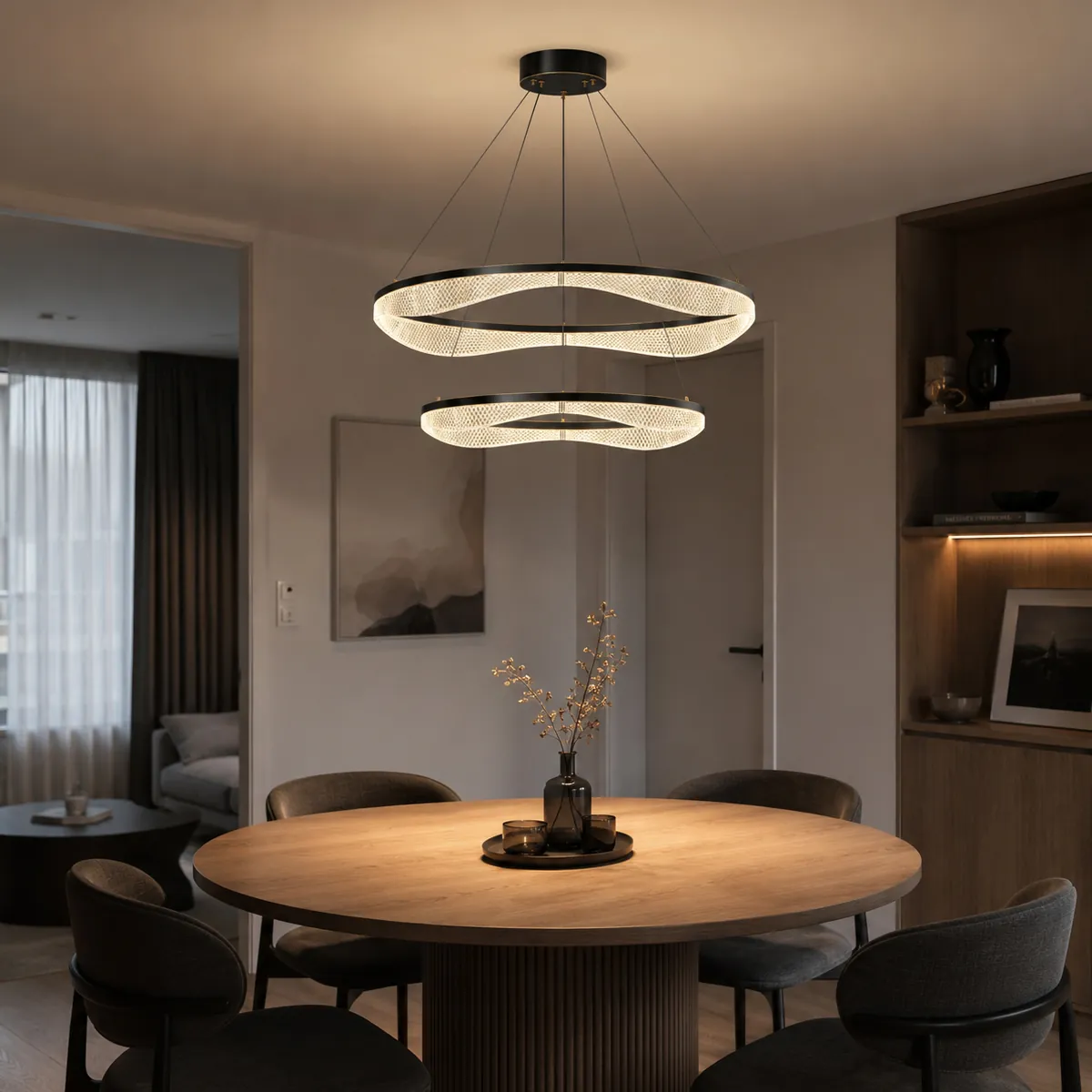 Black Two Tier Acrylic LED Ring Chandelier