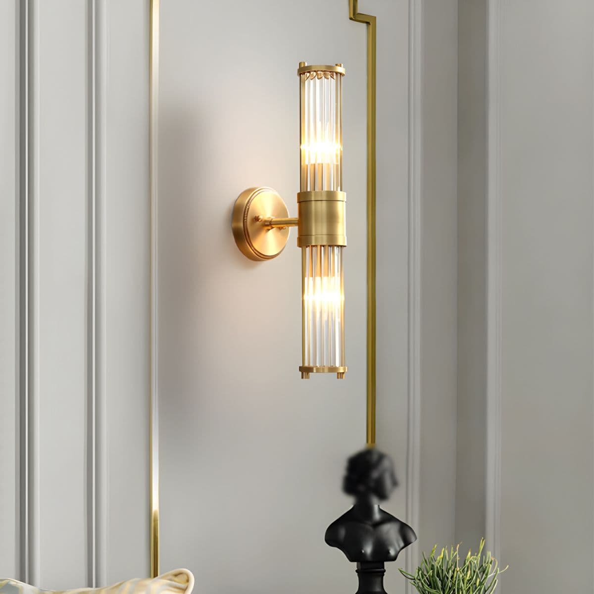 Brass Ribbed Glass Wall Sconce | Modern Fluted Vanity Light Fixture thumbnail 6