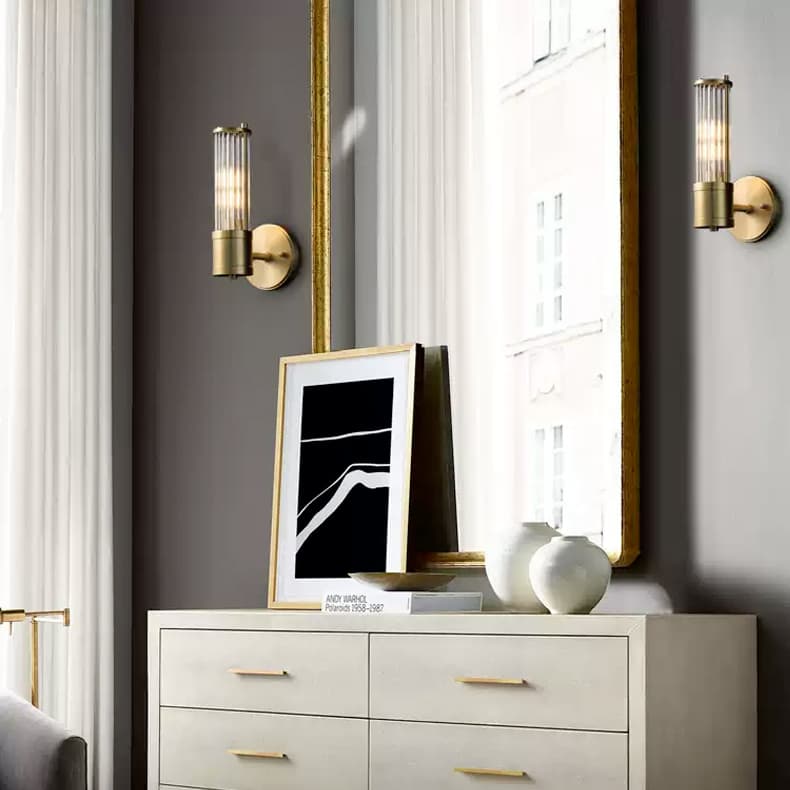 Brass Ribbed Glass Wall Sconce | Modern Fluted Vanity Light Fixture thumbnail 12
