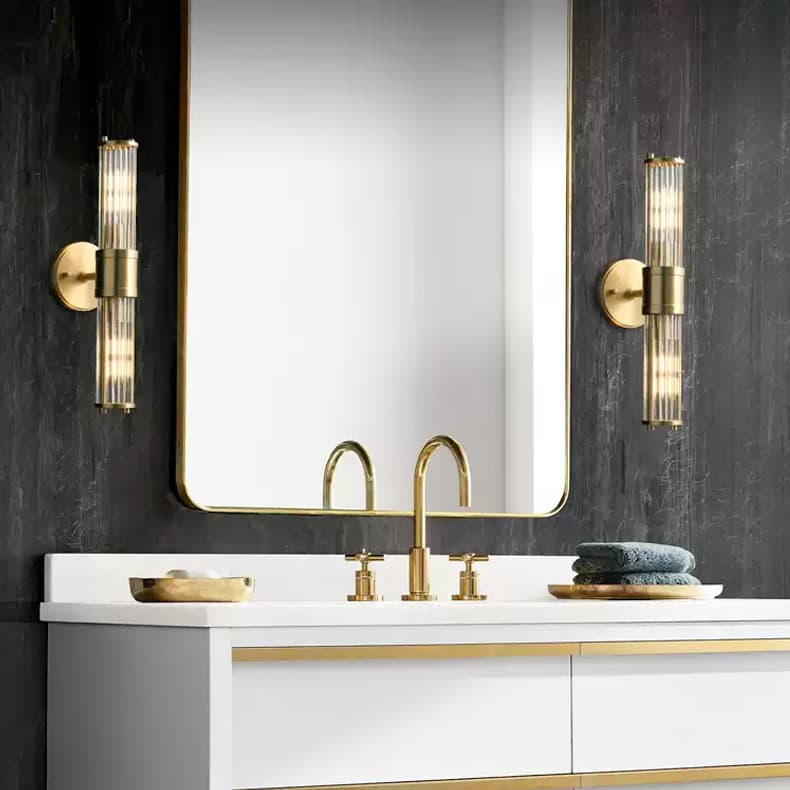 Brass Ribbed Glass Wall Sconce | Modern Fluted Vanity Light Fixture thumbnail 14