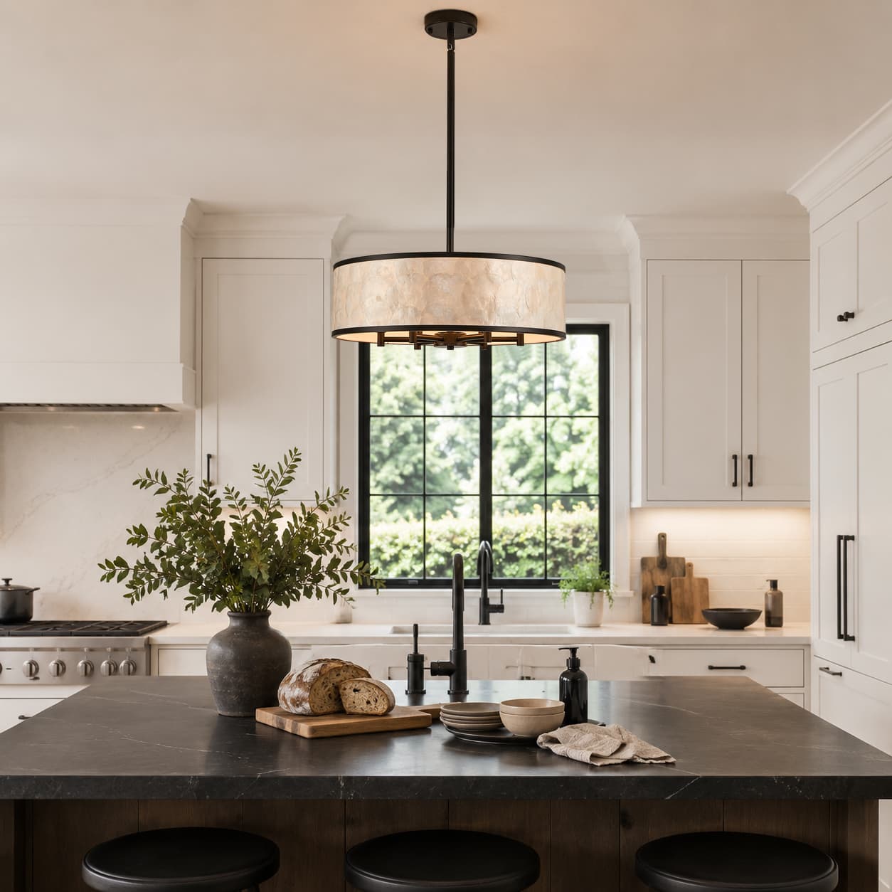 Black drum capiz shell chandelier thumbnail 4