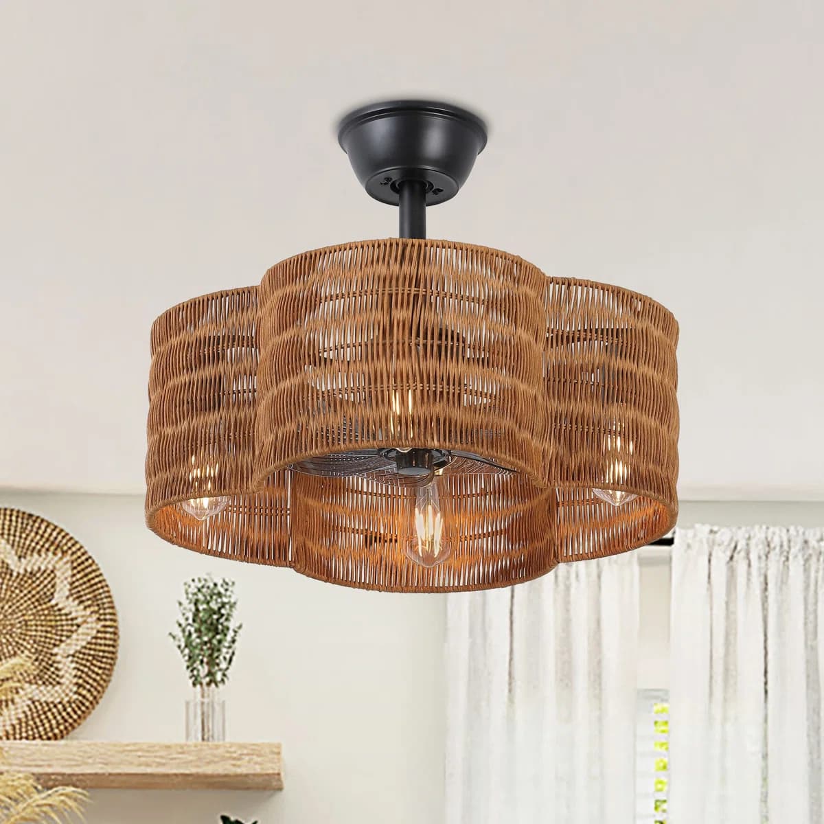 19.7" Brown Rattan Ceiling Fan with Light thumbnail 4