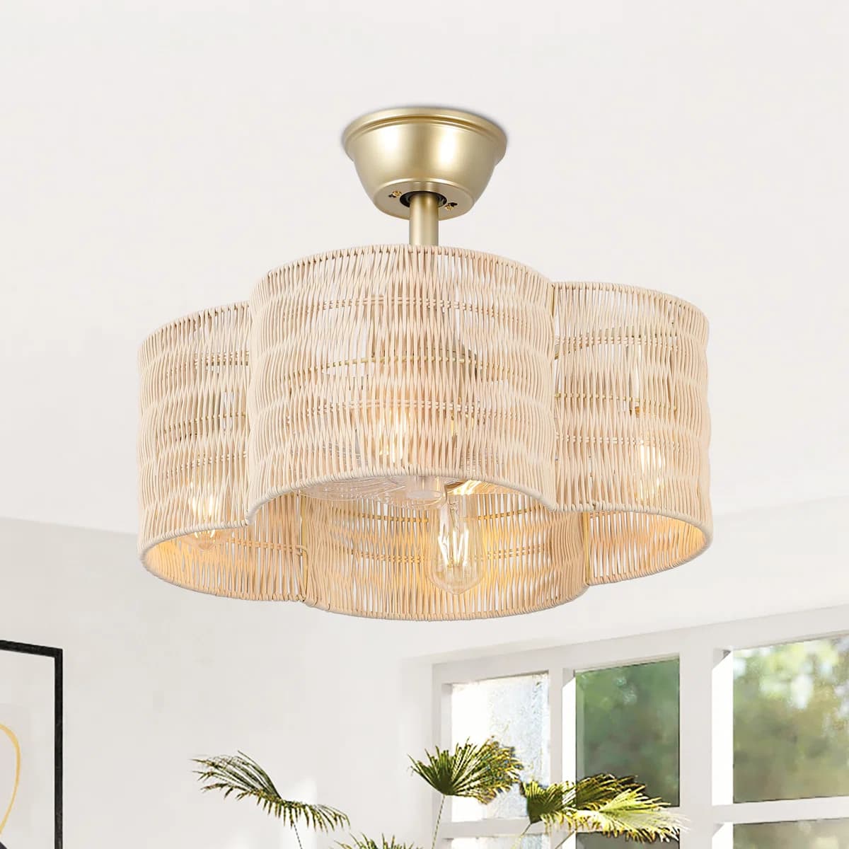 19.7" Rattan Fandelier with Light | Flower Shaped Boho Ceiling Fan thumbnail 6